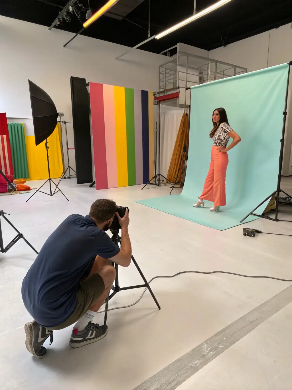 Photographer adjusting studio lights while capturing a model in a well-lit studio environment, showcasing the Studio Lighting and Visual Storytelling workshop.