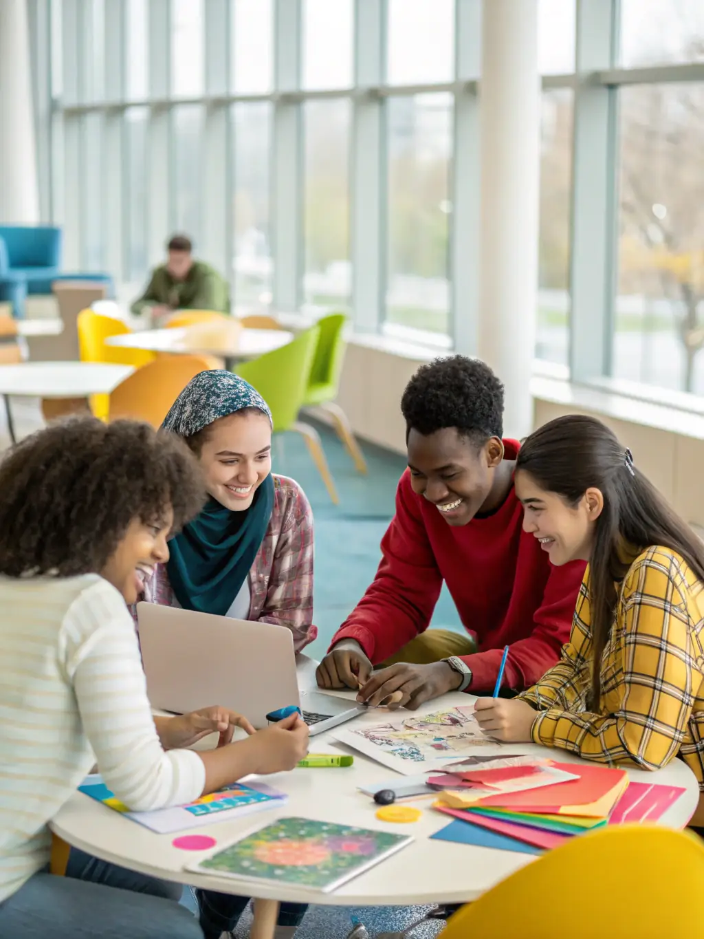 A diverse group of students collaborating on a photography project in a modern classroom setting, representing the collaborative learning environment at VisionFrame University.